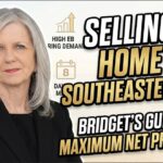 Bridget's Guide to Maximum Net Proceeds!' Minimalist line-art icons highlight key market drivers: low inventory, Electric Boat hiring demand, and days on market next to an upward-trending house icon."